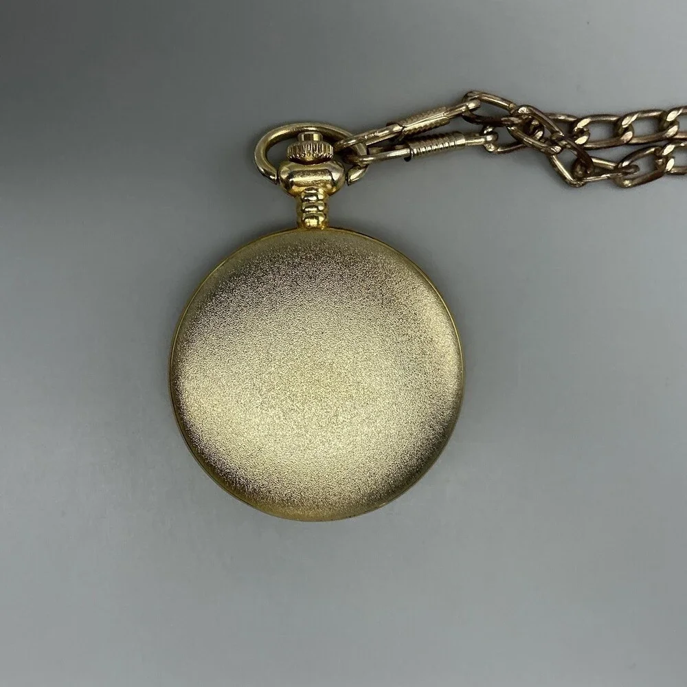 Milan Pocket Watch Men 46.9mm Gold Tone Full Hunter Chain White Date New Battery
